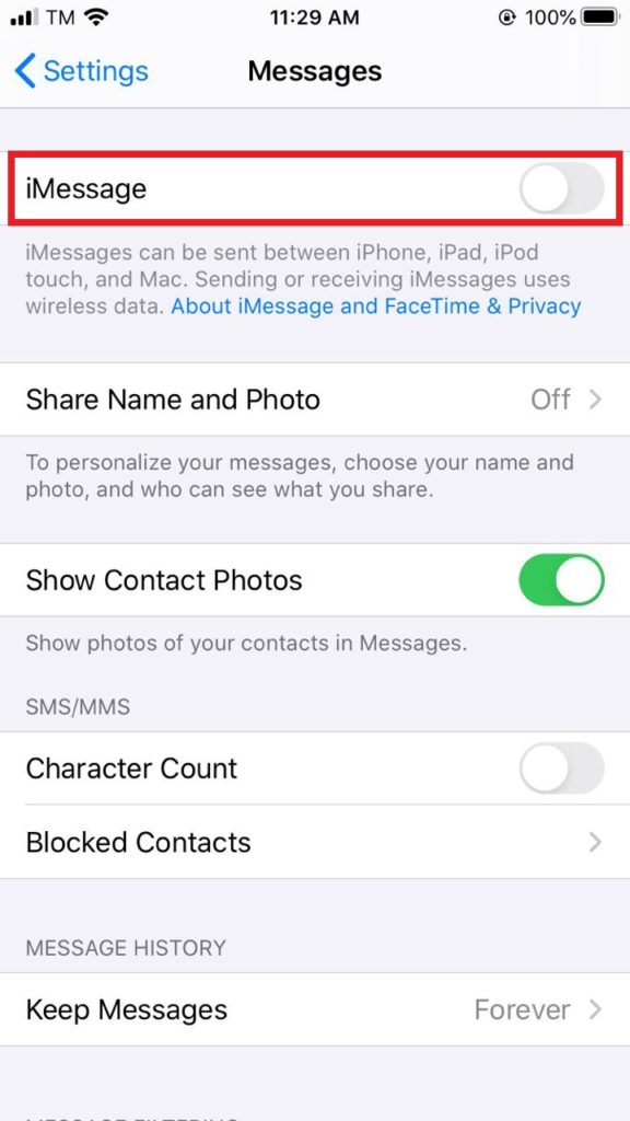 Toggle iMessage OFF